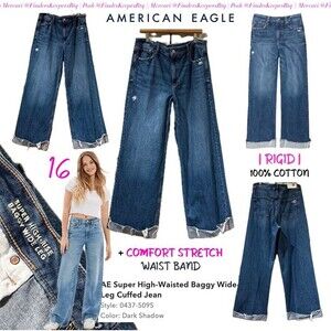 LIKE NEW AE Super High Waisted Baggy Wide Leg Cuffed Jeans Dark Distressed 16